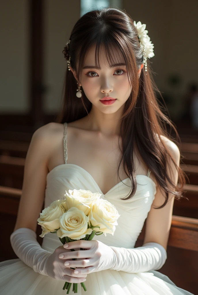 Perfect composition, Proper placement, close, Beautiful Japanese Woman, Brown Hair, Straight hair, Brown eyes:1.21, Clear Eyes,  Perfect beauty, compensate, Pink lipstick, Perfect Anatomy, Small head, White Wedding Dress, Hair Accessories, Holding a bouquet, White satin long gloves, At church, Perfect beauty, (((A photograph of a film frame captured on positive film))), sexy, orgasm, , Dramatic lighting, 