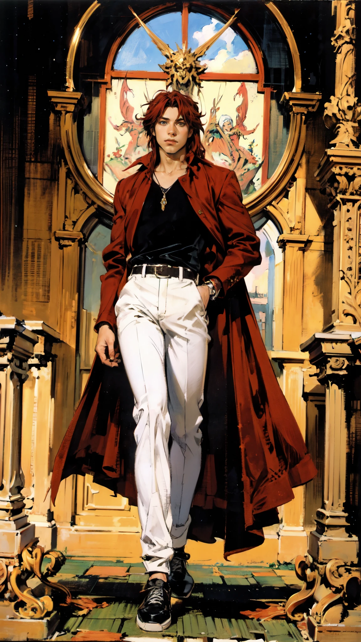 (masterpiece:1.2, best quality:1.2, extremely delicate:1.2), ((male:1.5)), a young man with long red hair, delicate face, gentle eyes, peaceful expression, fantasy-realism style outfit, a red and black short cape, a blue and white leather jacket, a belt, white pants, sneakers, his hands in his pockets, he strolls by a lakeside under dark cloudy skies, this character embodies a finely crafted fantasy-realism style Wise in anime style, exquisite and mature manga art style, dramatic, high definition, highres, ultra-detailed, ultra-fine painting, professional, perfect body proportions, golden ratio, anatomically correct, symmetrical face, extremely detailed eyes and face, high quality eyes, creativity, RAW photo, UHD, 32k, Natural light, cinematic lighting, (masterpiece-anatomy-perfect:1.2)