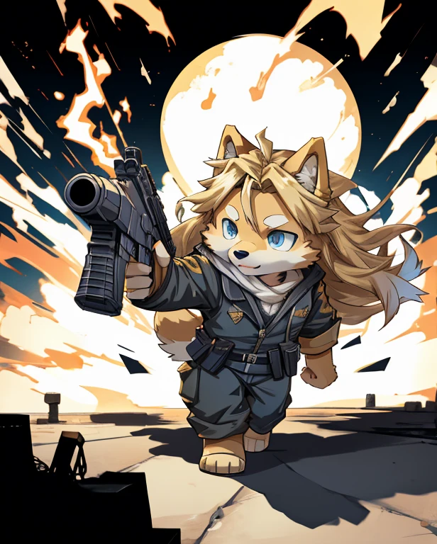 masterpiece, Best Quality, anime, figure, alone, Dynamic pose, Shiba Inu, (small:1.3), Yellow fur, blue eyes, gun, tank,soldier, Long Hair, Blonde, Disheveled Hair, 