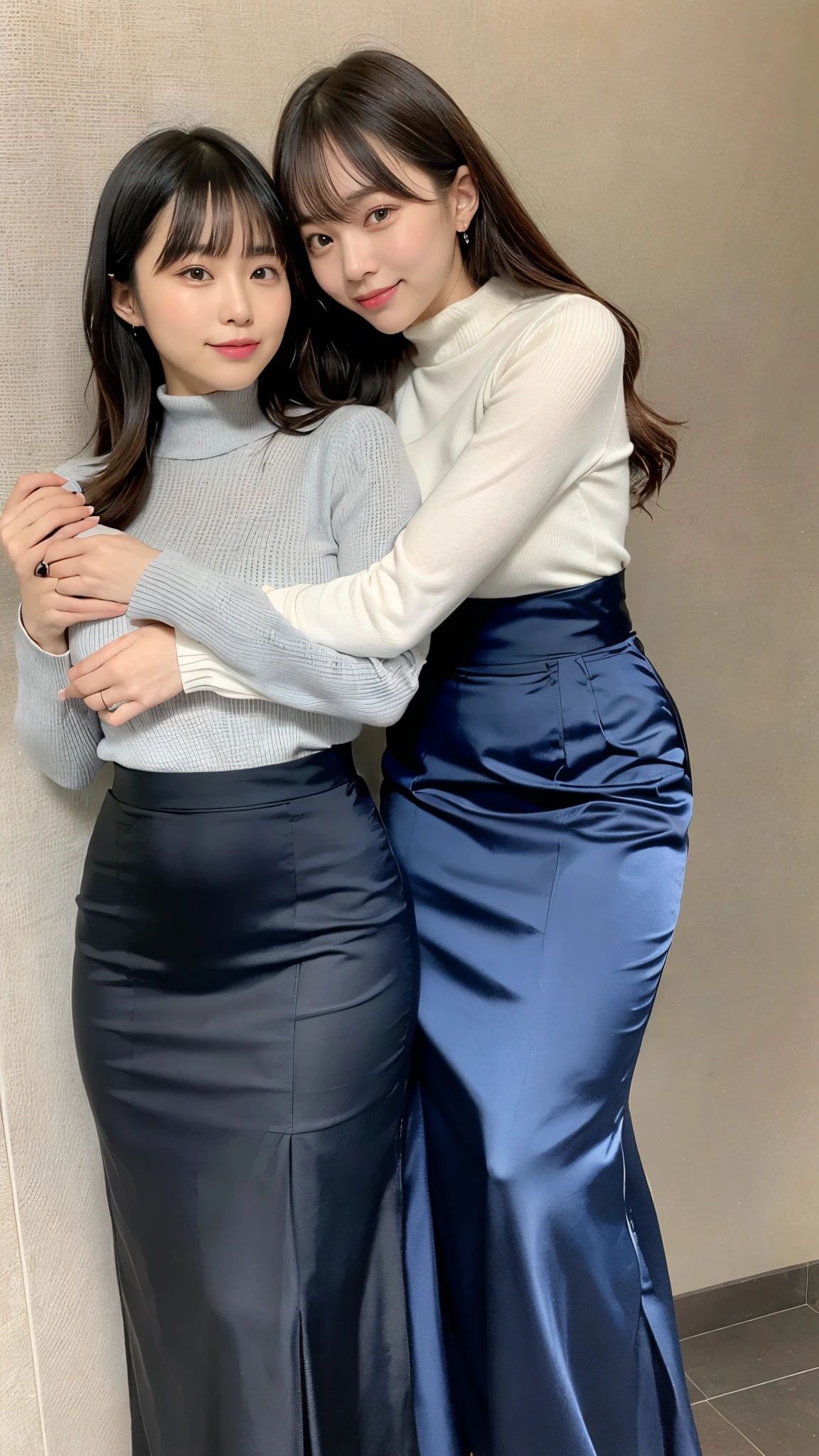 Full-body photo、(masterpiece,Best Quality,Ultra-high resolution),Highly detailed CG,Bob hair with bangs、Beautiful and balanced face、(((Very beautiful Japanese women))),((Two women wearing high-waisted mermaid pencil skirts made from shiny satin)),((Maxi long skirt))、(((The skirt is wrinkle-free and has a very smooth surface.)))、Long sleeve turtleneck knit,(((They are hugging each other)))