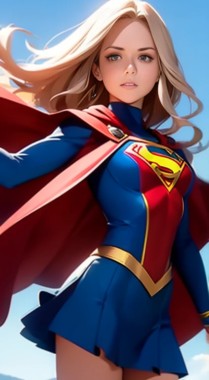 Two-dimensional painting style，Supergirl ，Image of a beautiful brunette woman with black eyes， hdr（HighDynamicRange）， Ray traching， NVIDIA RTX， Hyper-Resolution， Unreal 5， Subsurface dispersion， PBR Texture， Post-processing， Anisotropy Filtering， depth of fields， Maximum clarity and sharpness， Many-Layer Textures， Albedo e mapas Speculares， Surface coloring， Accurate simulation of light-material interactions， perfectly proportions，rendering by octane，twotonelighting，largeaperture，Low ISO，White balance，trichotomy，8K raw data，The Superman S symbol is used on the chest，There are long and wide red cloaks，Wide red cloak，short red dress，the sky background，blonde hair, long hair, Supergirl soared high into the air，large breast, covered nipples, Full body in camera，One leg straight。red paties.