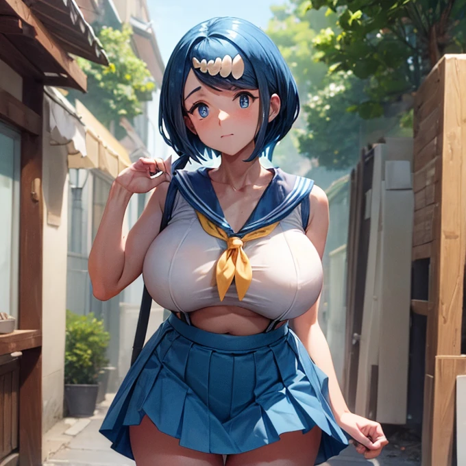 Perfect human body,1 woman,Mature and intellectual woman, (Exposed publicly,street), 鎖骨,((huge-breasted)),Sleeveless sailor suit,Low-rise miniskirt,reveal flat belly,semi transparent,(White stockings),((woman with fever)), ((perspired))),((expression of color)), (Blushlush:1.2),molestation,Crowd Ⅹ2,