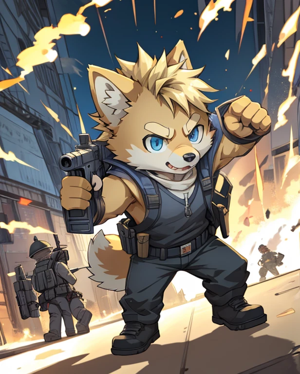 masterpiece, Best Quality, anime, figure, alone, Dynamic pose, Shiba Inu, (small:1.3), Yellow fur, blue eyes, gun, tank,soldier, Blonde, Disheveled Hair, 