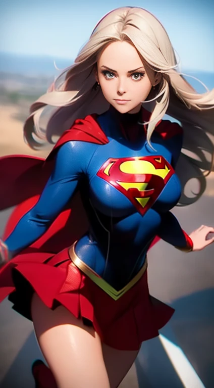 Two-dimensional painting style，Supergirl ，Image of a beautiful brunette woman with black eyes， hdr（HighDynamicRange）， Ray traching， NVIDIA RTX， Hyper-Resolution， Unreal 5， Subsurface dispersion， PBR Texture， Post-processing， Anisotropy Filtering， depth of fields， Maximum clarity and sharpness， Many-Layer Textures， Albedo e mapas Speculares， Surface coloring， Accurate simulation of light-material interactions， perfectly proportions，rendering by octane，twotonelighting，largeaperture，Low ISO，White balance，trichotomy，8K raw data，The Superman S symbol is used on the chest，There are long and wide red cloaks，Wide red cloak，short red dress，the sky background，blonde hair, long hair, Supergirl soared high into the air，((large breast)), covered nipples, miniskirt, Full body in camera，One leg straight。red paties.