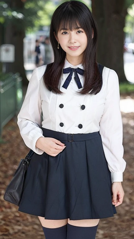 Japanese Mature,(48 years old:1.2),White skin,(plump body,Large Breasts,Emphasizes plump thighs:1.5),(Nogizaka uniform,Micro Mini Skirt,earrings:1.5),(Standing in the park,Full body shot from head to toe,full body:1.2),looking at viewer,smile,surrealism, depth of field, from front, Sony FE, 8k,Showing her pink panties,nsfw,skirtlift