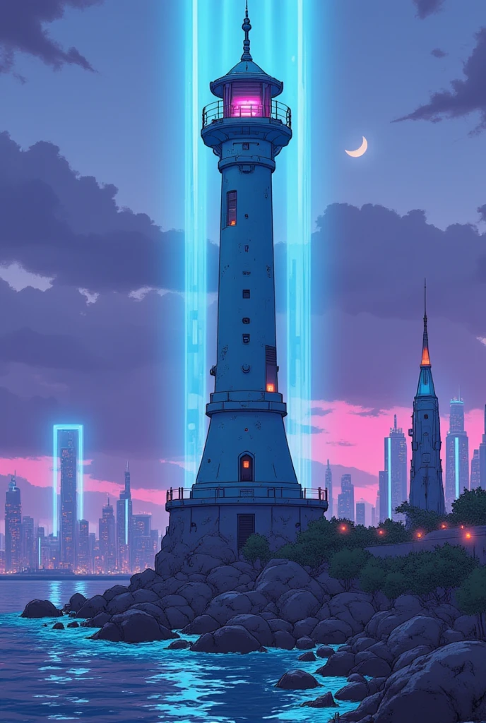 Cybanime, A cyberpunk-inspired lighthouse standing on the edge of a dystopian city coastline. The lighthouse emits beams of bright, pulsating neon light in shades of blue and pink, cutting through the haze of the polluted cityscape