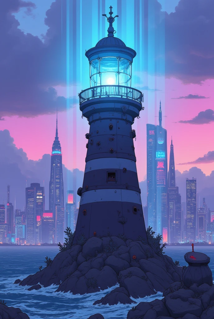 Cybanime, A cyberpunk-inspired lighthouse standing on the edge of a dystopian city coastline. The lighthouse emits beams of bright, pulsating neon light in shades of blue and pink, cutting through the haze of the polluted cityscape