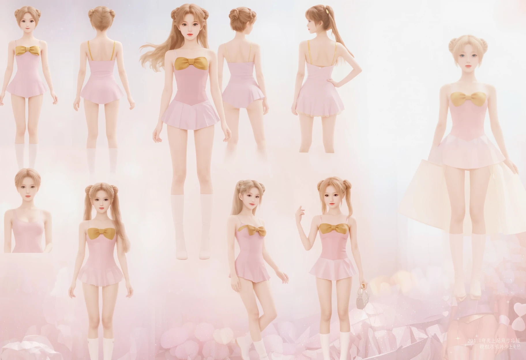 masterpiece, RAW photo, High quality) A girl with small breasts, bare shoulders, short hair (female triplets), pink ballet bodysuit, clothing adorned with bows and ruffles, (wet clothing marked on the body) ornaments in the hair, ribbons in the hair, innocent expression, pink cheeks, sweaty face,(view from bottom to top), studio lighting, (ballet studio background) hd, 4k, detailed face, detailed eyes