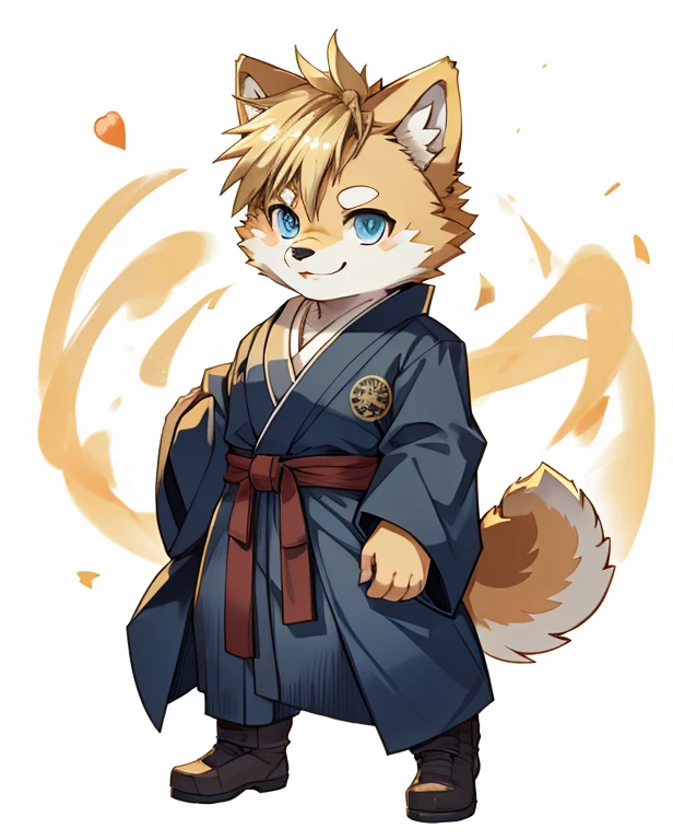 masterpiece, Best Quality, anime, figure, alone, Dynamic pose, Shiba Inu, (small:1.3), Yellow fur, blue eyes,  Blonde, Disheveled Hair, smile, Long sword, kimono