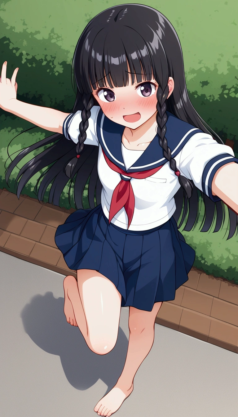 {Best Quality}, {Very beautiful},{Ultra fine},{Best illustration},Black Hair,Hime cut,Long Hair,Braids,Standing Woman,Excited face,High school girl,Sailor suit,Short sleeve,skirt,barefoot,Bare legs,In the park,Slender,Spread your legs,skirtをめくる,From above,Blushing,Raise one leg,Woman showing the soles of her feet,Sulky face,Embarrassed
