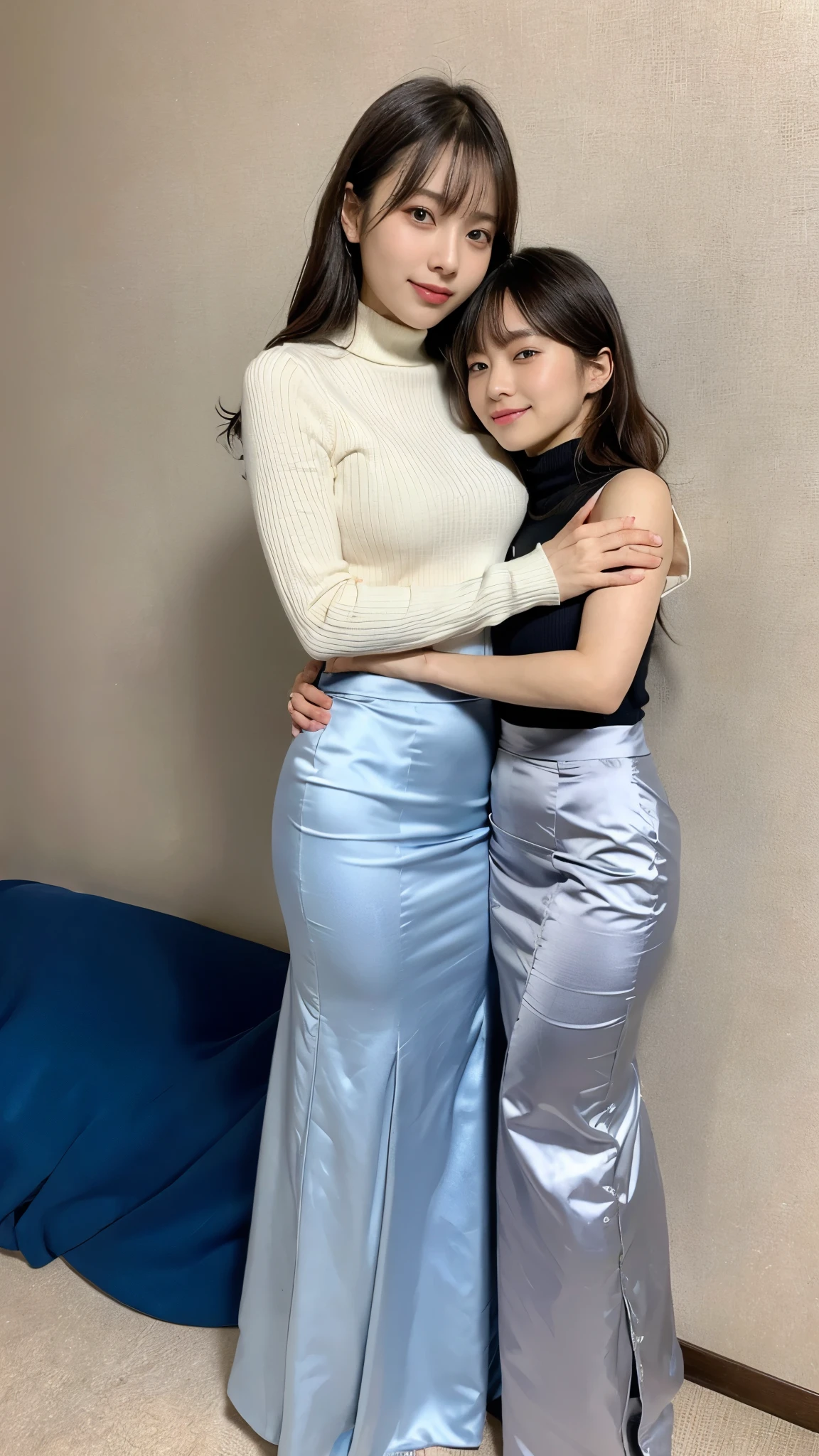 Full-body photo、(masterpiece,Best Quality,Ultra-high resolution),Highly detailed CG,Bob hair with bangs、Beautiful and balanced face、(((Very beautiful Japanese women))),((Two women wearing high-waisted mermaid pencil skirts made from shiny satin)),((Maxi long skirt))、(((The skirt is wrinkle-free and has a very smooth surface.)))、Long sleeve turtleneck knit,(((They are hugging each other)))