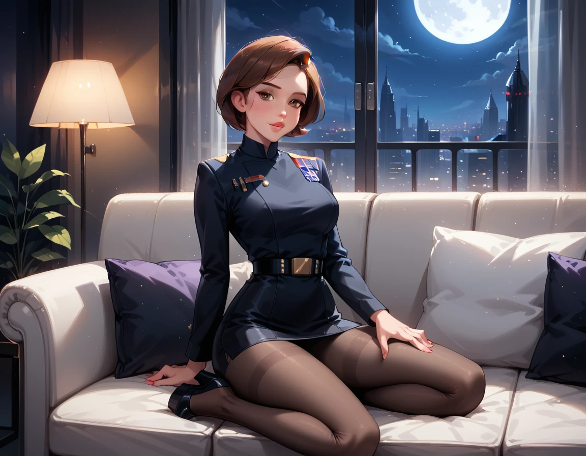 score_9, score_8_up, score_7_up, 1girl, solo, (Helen Parr, short hair, generous and heavy breasts, slender waist:1.4), wearing (sexy Star Wars Imperial officer wearing a (black) uniform, short skirt, tights, wedge:1.5), (naturally curved, thicc:1.2), confident, flirt, gaze, sexy look, cute smile, head tilt, filled lips, thick lips, sitting on large sofa, in the living room, classy pose, beautiful modern apartment, city living, (Halloween theme:1.4), night, dark, dimly lit, expressiveh d4rk01l, perfect hands, perfect proportions.