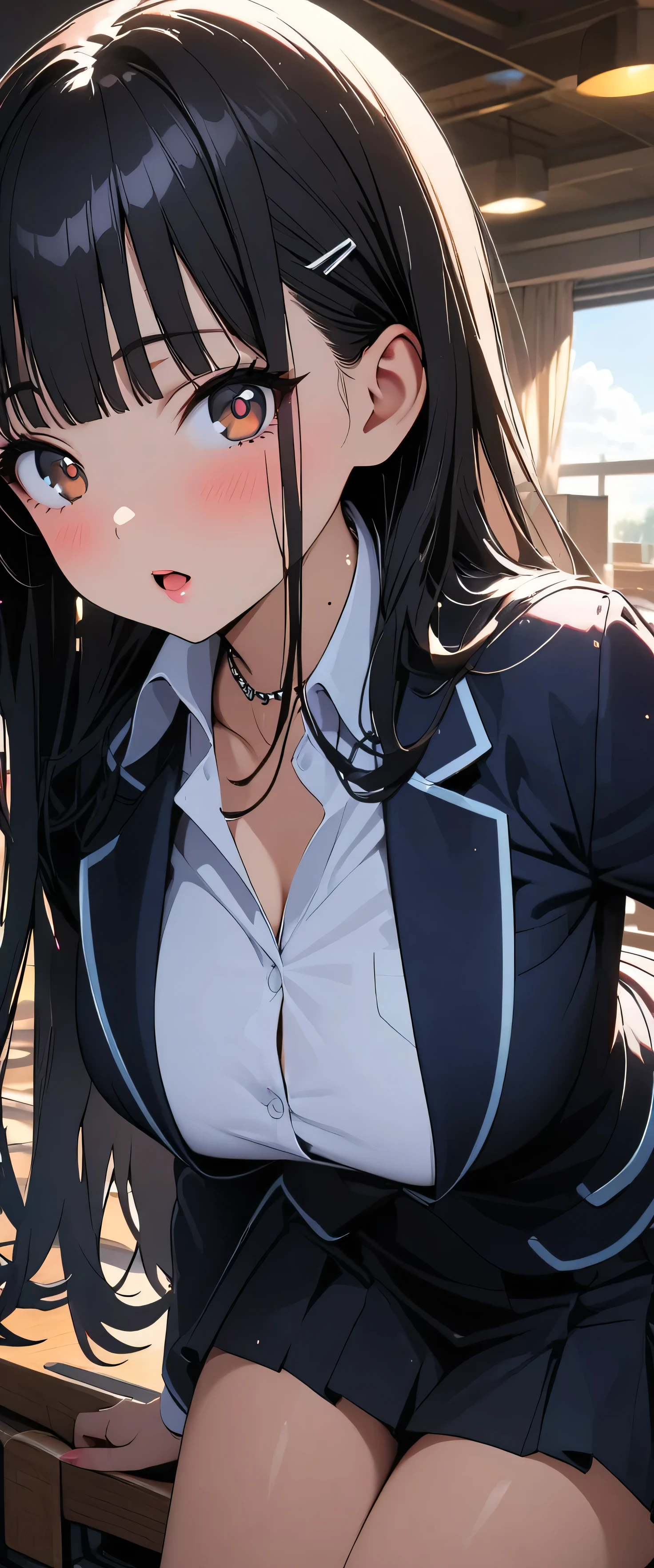 (beautiful girl: 1.3),One girl,masterpiece,Please redeem,Ultra-high resolution,Rich contrast,Very high quality,8k,Highly detailed CG unit wallpaper,Texture,So ridiculous,RAW Photos,Please redeem anime,Depth of written boundary 1.2,ultra-detailed eyes,Glowing Skin,Glitter Effect,Beautiful glossy lips,Yamada Anna,dark blue hair,brown eyes,long hair,sidelocks,mole on neck,school uniform,blazer,collared shirt,skirt,School,library,blue sky,Drink milk tea,Open your mouth wide,