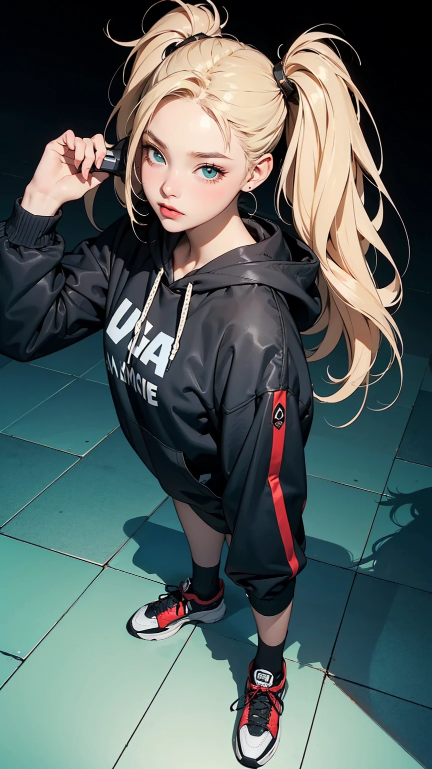 A young girl is wearing a black long-sleeved hoodie. ((She is wearing large, flashy sports shoes)). The angle is from above. Full-body. She is standing, holding a weapon, fighting, in the midst of combat. She is a realistic young woman with glossy, long blonde hair tied into twin tails, with bangs falling over her forehead. Her ((ultra-detailed eyes)) gleam coldly and sharply in emerald green, exuding a cool and smart atmosphere. Her youthful appearance is characterized by thin eyebrows and thin lips. Vast. ((Colorful)). ((Cyberpunk)). ((Dark horror)). ((Death game)). Sparkling. ((Best quality)). ((Ultra-detailed)).

