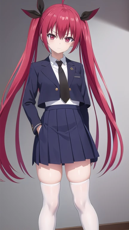 (red eyes:1.2), ribbon, hair between eyes, twintails, very long hair, ahoge, (red hair:1.2), 
BREAK pleated skirt, necktie, serafuku, black thighhighs, tree, blue skirt, zettai ryouiki, candy, black necktie, lollipop,  school uniform, white shirt,  thighhighs, long sleeves, kotori itsuka school uniform, long hair, skirt,
BREAK standing, (lifted by self:1.4),
BREAK expressionless,
BREAK indoor, bed, 
BREAK (looking at viewer:1.3),
BREAK illustration, 
BREAK (masterpiece, best quality, high resolution:1.2), HD, (illustration:0.8), (beautiful detailed eyes:1.6), extremely detailed face, perfect lighting, extremely detailed CG, (perfect hands, perfect anatomy),