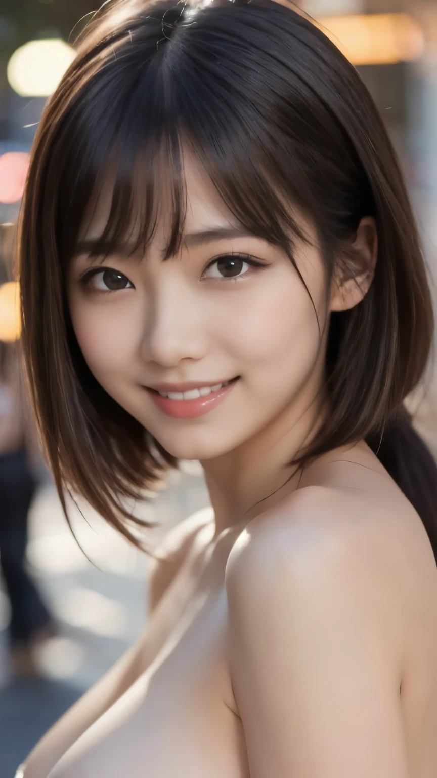 8k、Highest quality、Ultra-wide-angle lens、(Representative Works:1.2)、(Real)、(Real:1.37)、Ultra-high resolution、1 female college student、Beautiful teeth alignment、smile、Well-formed fingers、ponytail、Walking around the city、(nude)、Big Breasts、Perfect Body、Perfect Fingers、Beautiful Skin、Professional Lighting、gravure、Face and skin details、Microparticles、RAW Photos