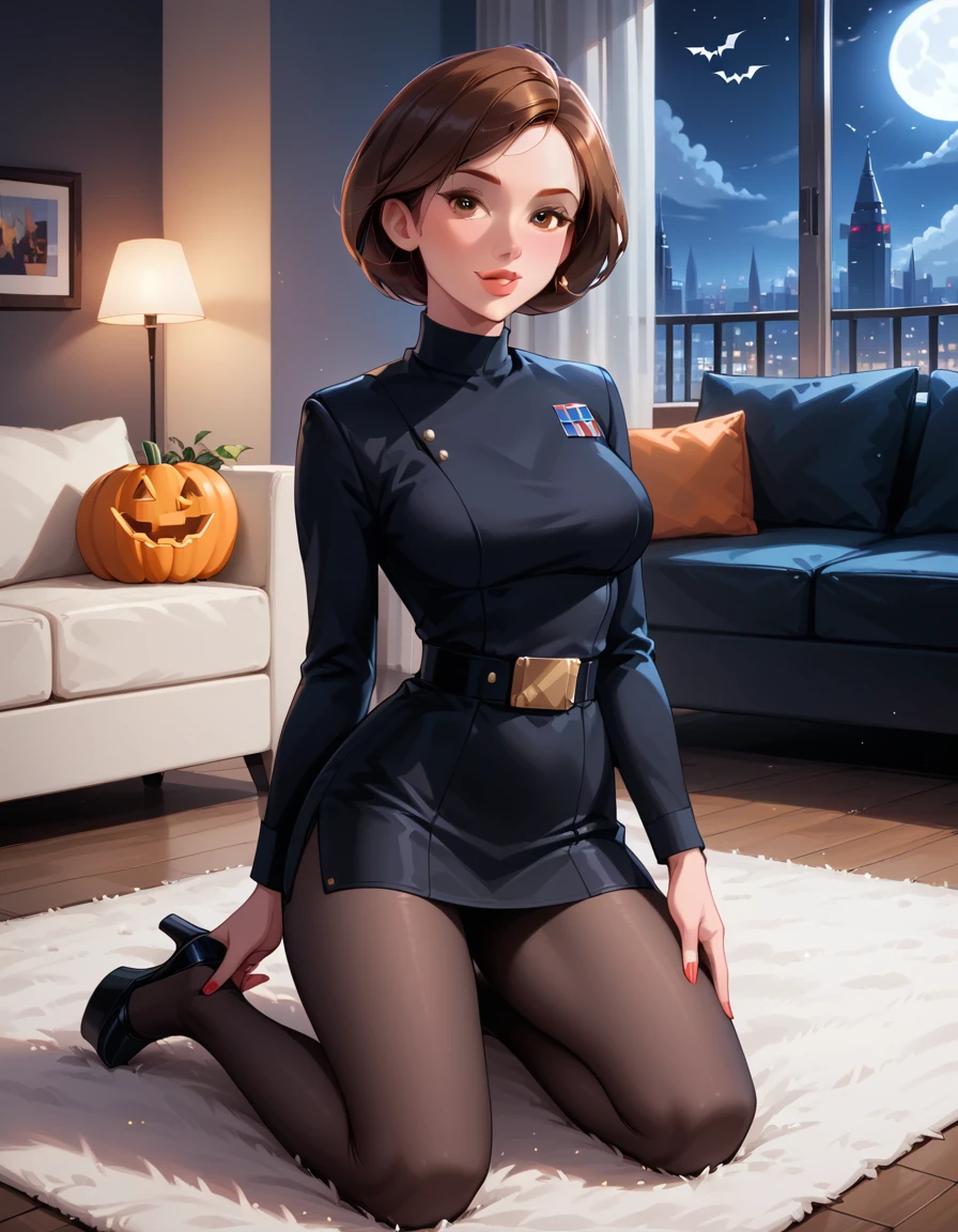 score_9, score_8_up, score_7_up, 1girl, solo, (Helen Parr, short hair, generous and heavy breasts, slender waist:1.4), wearing (sexy Star Wars Imperial officer wearing a (black) uniform, short skirt, tights, wedge:1.5), (naturally curved, thicc:1.2), confident, flirt, gaze, sexy look, cute smile, head tilt, filled lips, thick lips, kneeling on plush carpet, in the living room, classy pose, beautiful modern apartment, city living, (Halloween theme:1.4), night, dark, dimly lit, expressiveh d4rk01l, perfect hands, perfect proportions.