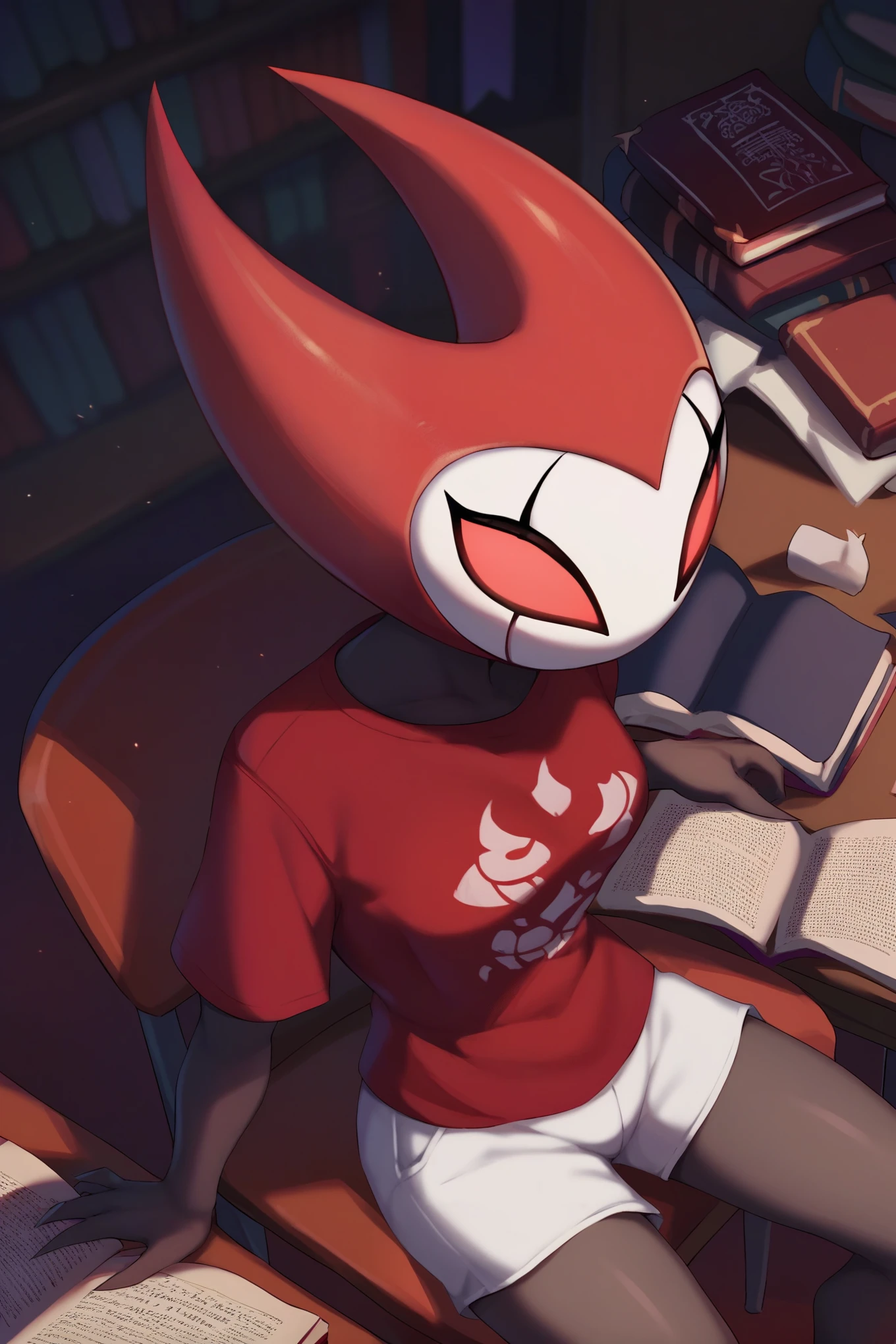 score_9, score_8_above, score_7_above, score_6_above, zPDXL2, Grimm \(hollow knight\), vampire, bat, 1 chico, nice face, Detailed eyes, Sitting on a chair, red t-shirt, white shorts, Read a book