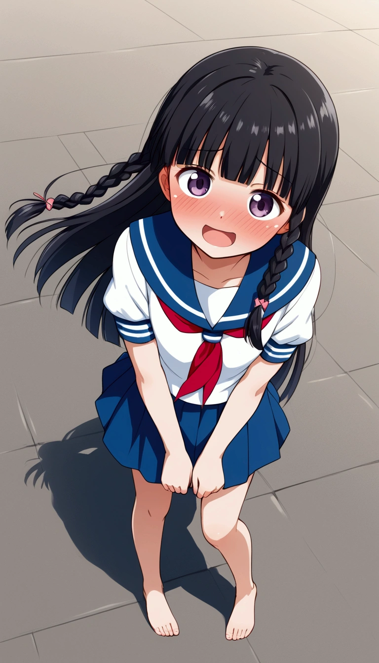 {Best Quality}, {Very beautiful},{Ultra fine},{Best illustration},Black Hair,Hime cut,Long Hair,Braids,Walking woman,Excited face,High school girl,Sailor suit,Short sleeve,skirt,barefoot,Bare legs,In the park,Slender,Spread your legs,skirtをめくる,From above,Blushing,Sulky face,Embarrassed,