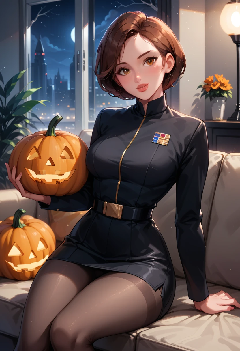 score_9, score_8_up, score_7_up, 1girl, solo, (Helen Parr, short hair, generous and heavy breasts, slender waist:1.4), wearing (sexy Star Wars Imperial officer wearing a (black) uniform, short skirt, tights, wedge:1.5), (naturally curved, thicc:1.2), confident, flirt, gaze, sexy look, cute smile, head tilt, filled lips, thick lips, sitting on large sofa, in the living room, (holding a large pumpkin in her lap:1.4), beautiful modern apartment, city living, (Halloween theme:1.4), night, dark, dimly lit, expressiveh d4rk01l, perfect hands, perfect proportions.