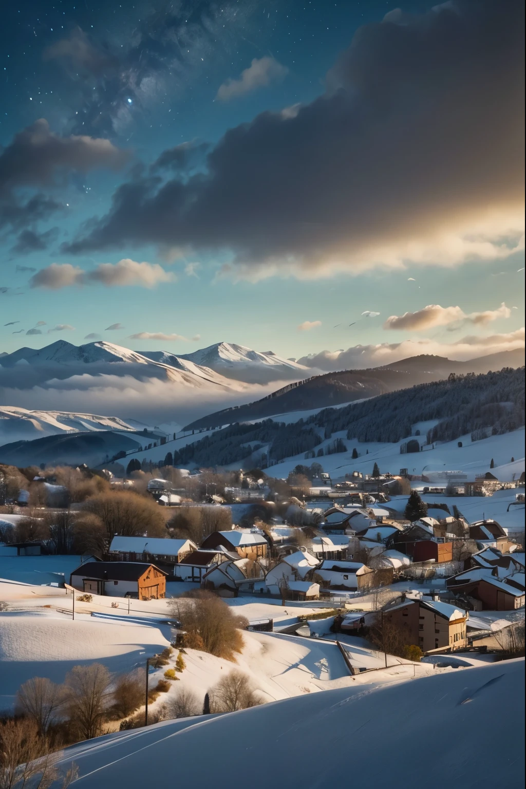 visit from the sky, through a space between the clouds you can observe a landscape of hills, small villages and  fields, winter landscape