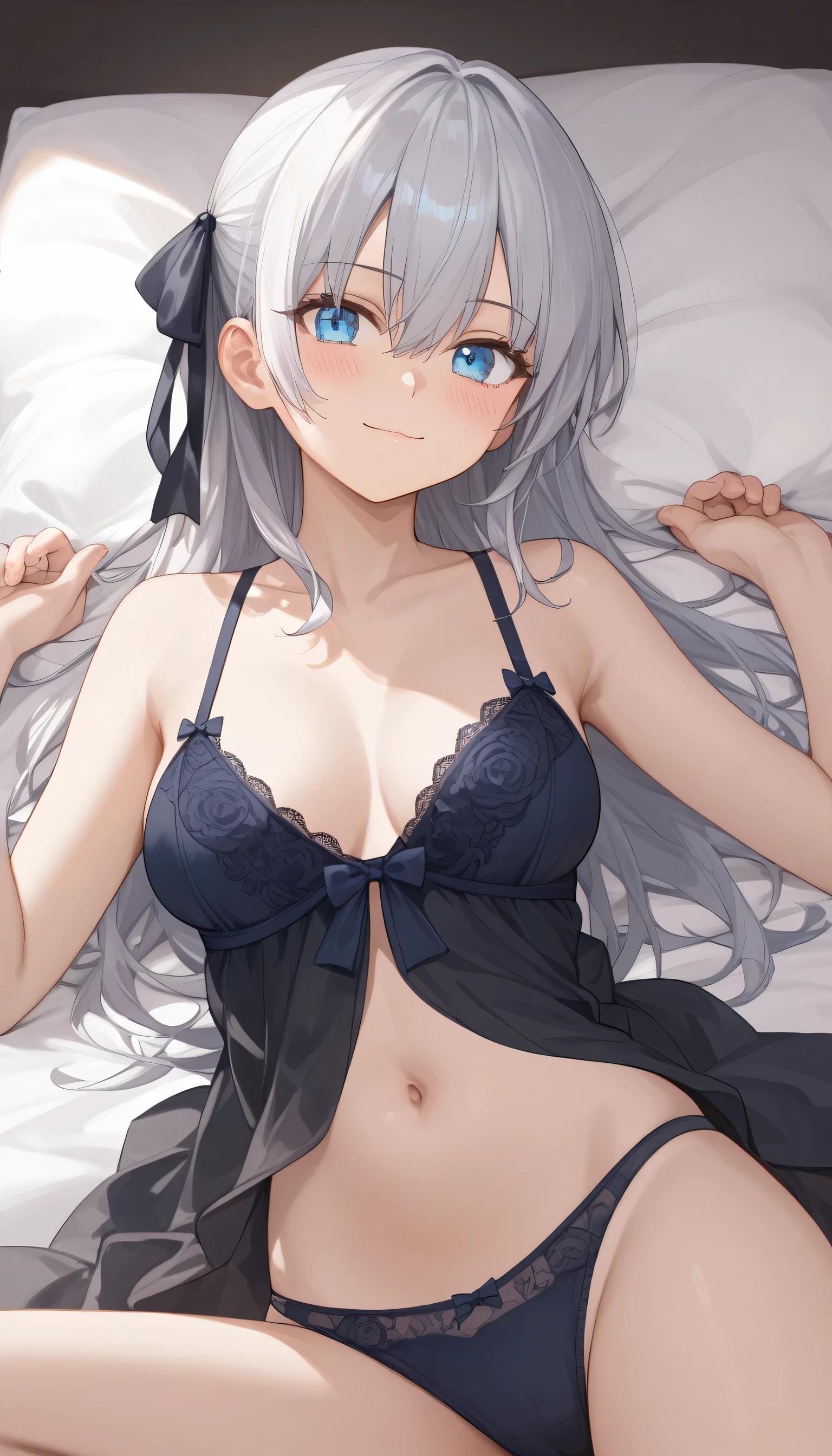 1girl,  alisa mikhailovna kujou,tokidoki bosotto roshia-go de dereru tonari no arya-san,solo, long hair, eyebrows visible through hair, hair between eyes, silver hair, hair ribbon, blue eyes, medium breasts, Black night gown, transparent, bra and panties 
looking at viewer, laying on bed, spread arms,closed mouth, blushing, light smile,
best quality, very aesthetic, absurdres,