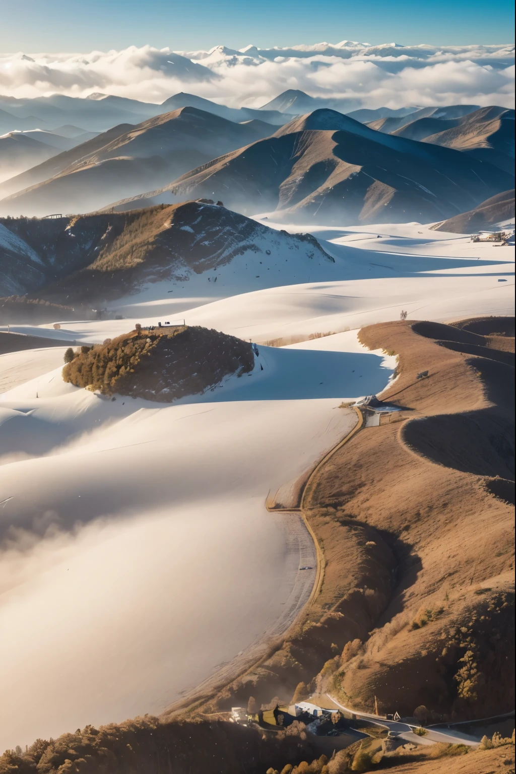 vist from the sky, through a space between the clouds you can observe a landscape of hills, small villages and fields, winter landscape