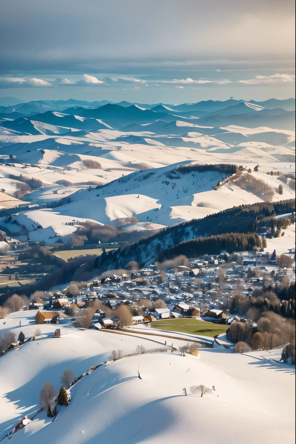 aerial view, through a gap between the clouds you can observe a landscape of hills, small villages and fields, winter landscape