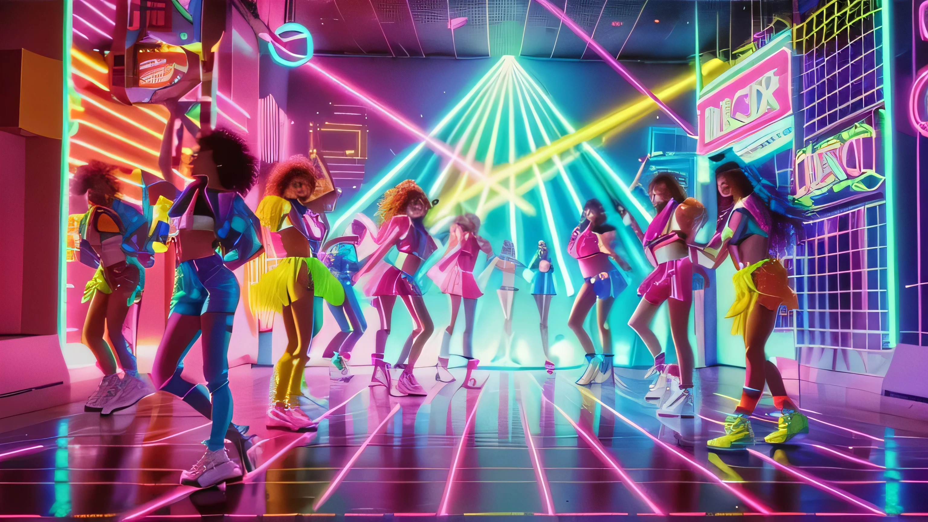 a group of people in neon outfits dancing on a dance floor, 8 0 s neon movie still, 8 0 s style, 80s style, 80s style synthwave, 80s retro, disco , 80s outrun, 80s aesthetic, synthwave neon retrofuturism, 8 0 s movie still, 8 0 s art