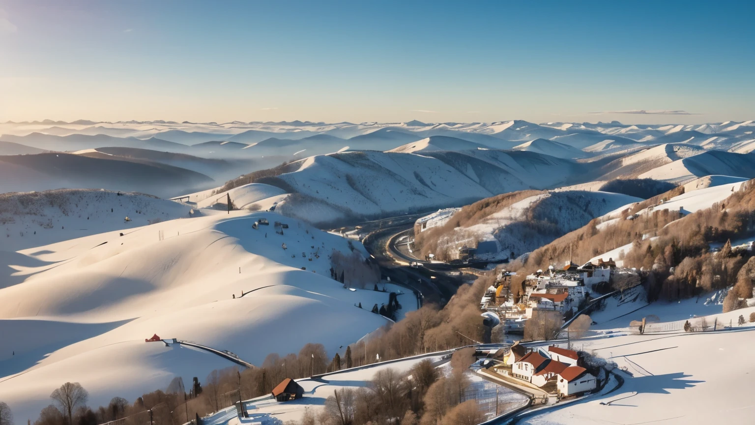 aerial view, through a gap between the clouds you can observe a landscape of hills, small villages and fields, winter landscape