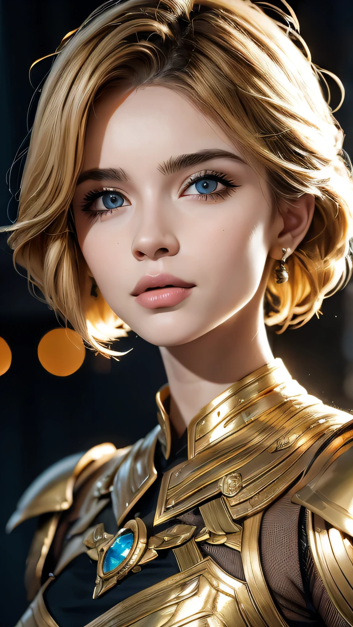 short wavy blonde hair, glowing gold eyes, beautiful woman, pro lighting, Sharp focus, cinematic,(Realistic face details), complicated details, very high details, Realistic photos, 8k, super details, UHD, dynamic camera angle, dynamic pose, light armor, black details, hips up,