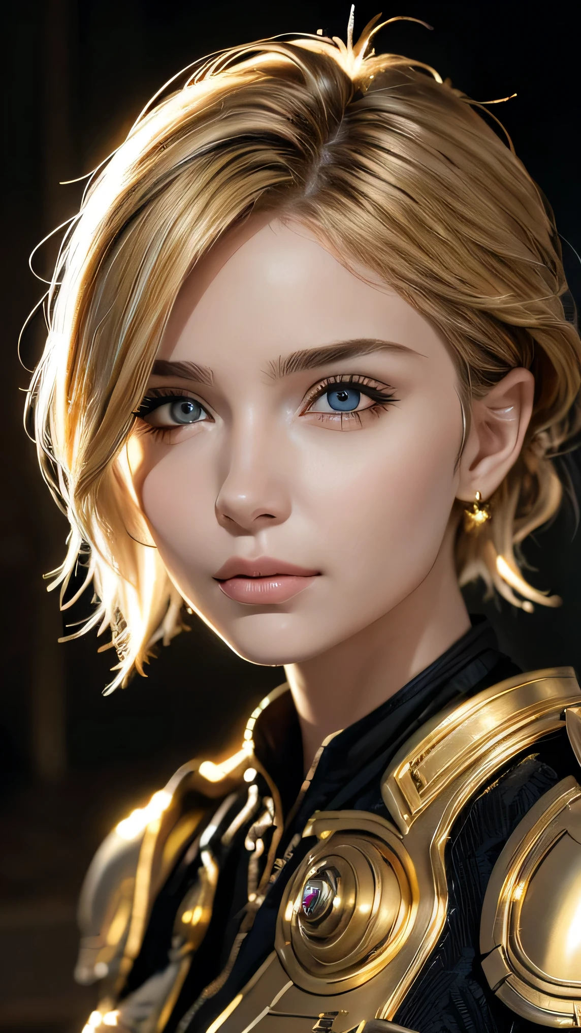 short wavy blonde hair, glowing gold eyes, beautiful woman, pro lighting, Sharp focus, cinematic,(Realistic face details), complicated details, very high details, Realistic photos, 8k, super details, UHD, dynamic camera angle, dynamic pose, light armor, black details, hips up,