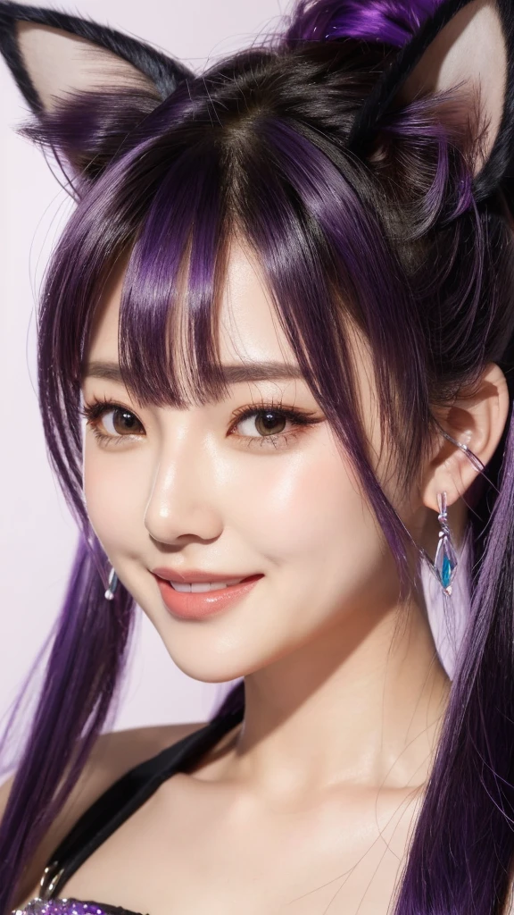 high resolution, Ultra HD, Textured Skin, Bangs between eyes, Ponytail, Purple Hair, Chest, Cat ears, Crystal Earrings, Blushing, Smile, Open mouth, Lips slightly open, shy, Mouth bite, Vertical pupil/Cat&#39;s Eye, Light blush, 诱人的Smile, Seven-point lens, Multiple Views, Top view, Similar to poster or magazine illustration effect, Bells in hair, Gemstone on forehead, Seven-point lens, Back, Similar to poster or magazine illustration effect, 