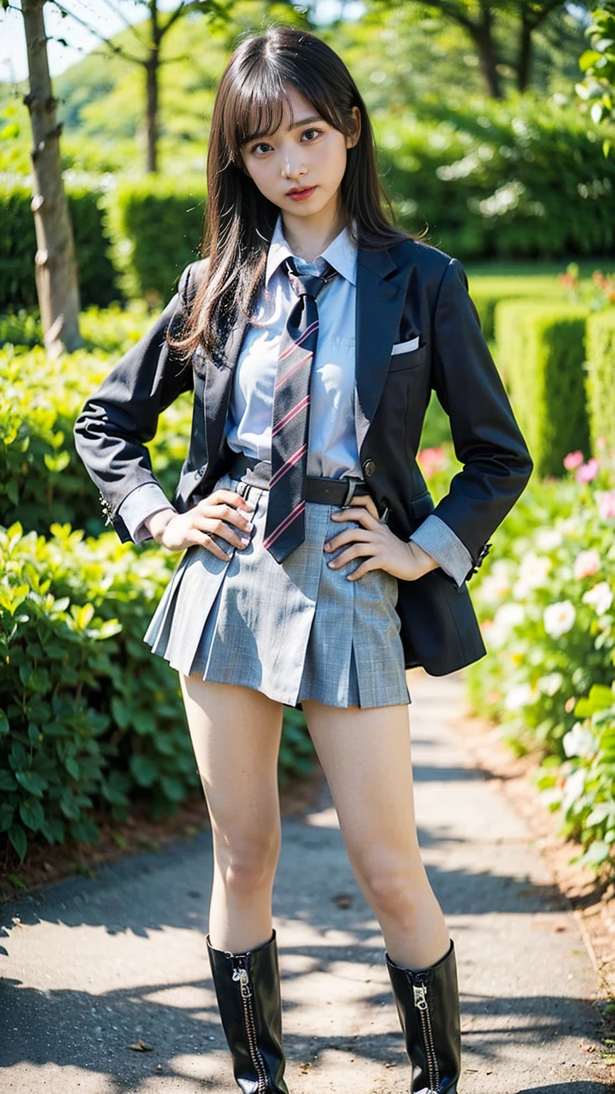 (8k、RAW Photos、Please redeem、masterpiece:1.2)、(Realistic、Realistic)、1 person、((Suit jacket、tie、White and black tight mini skirt、Thin legs、boots、View、Looking into the camera、garden、Stand with hands on hips))、cute