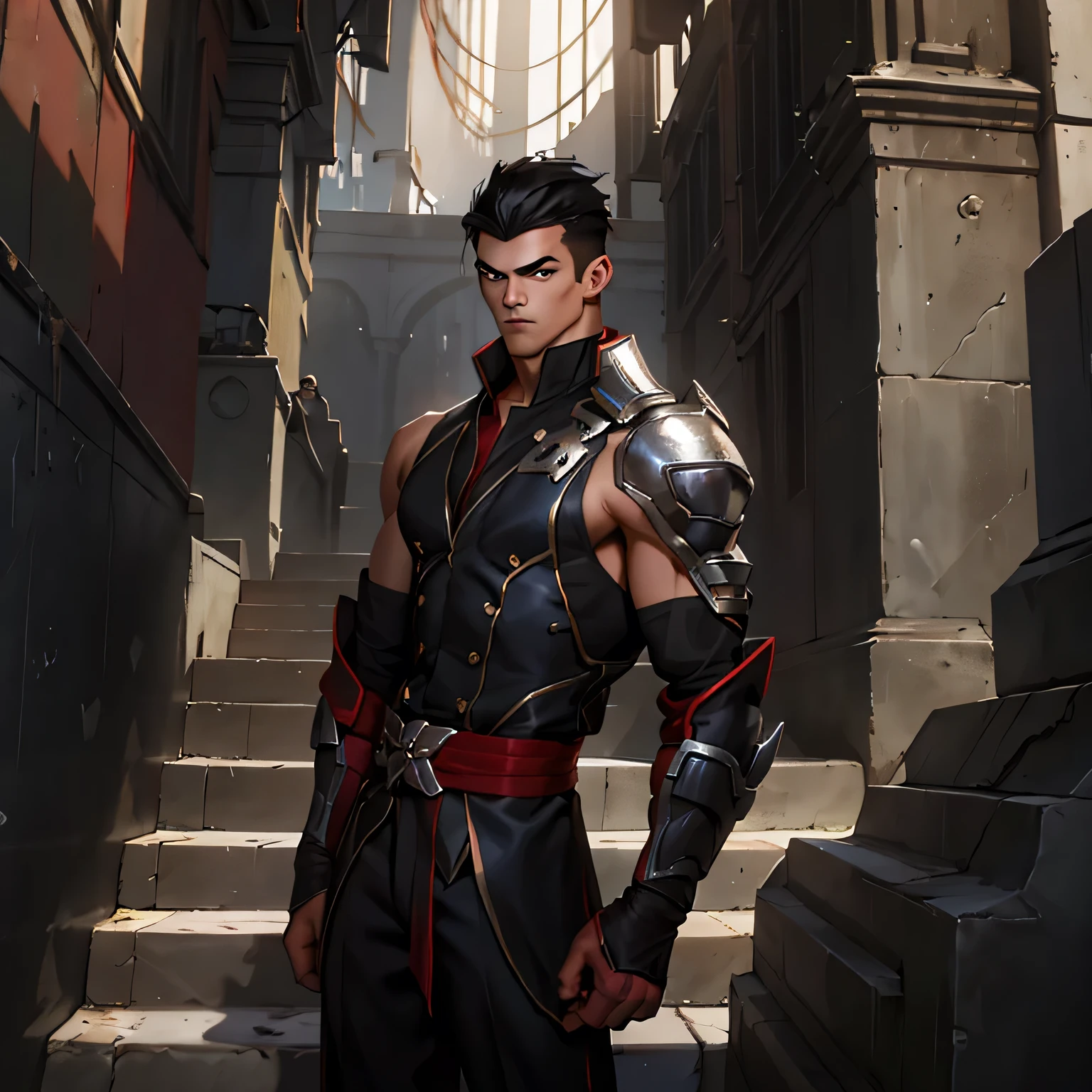 splash art of an eighteen year old man, white skin, blue eyes, messy black hair, handsome young model beauty, perfect athletic body, he is wearing a black tight outfit with a gray metal chest and shoulder pads, with dark red cloths on his neck and waist, formal pose