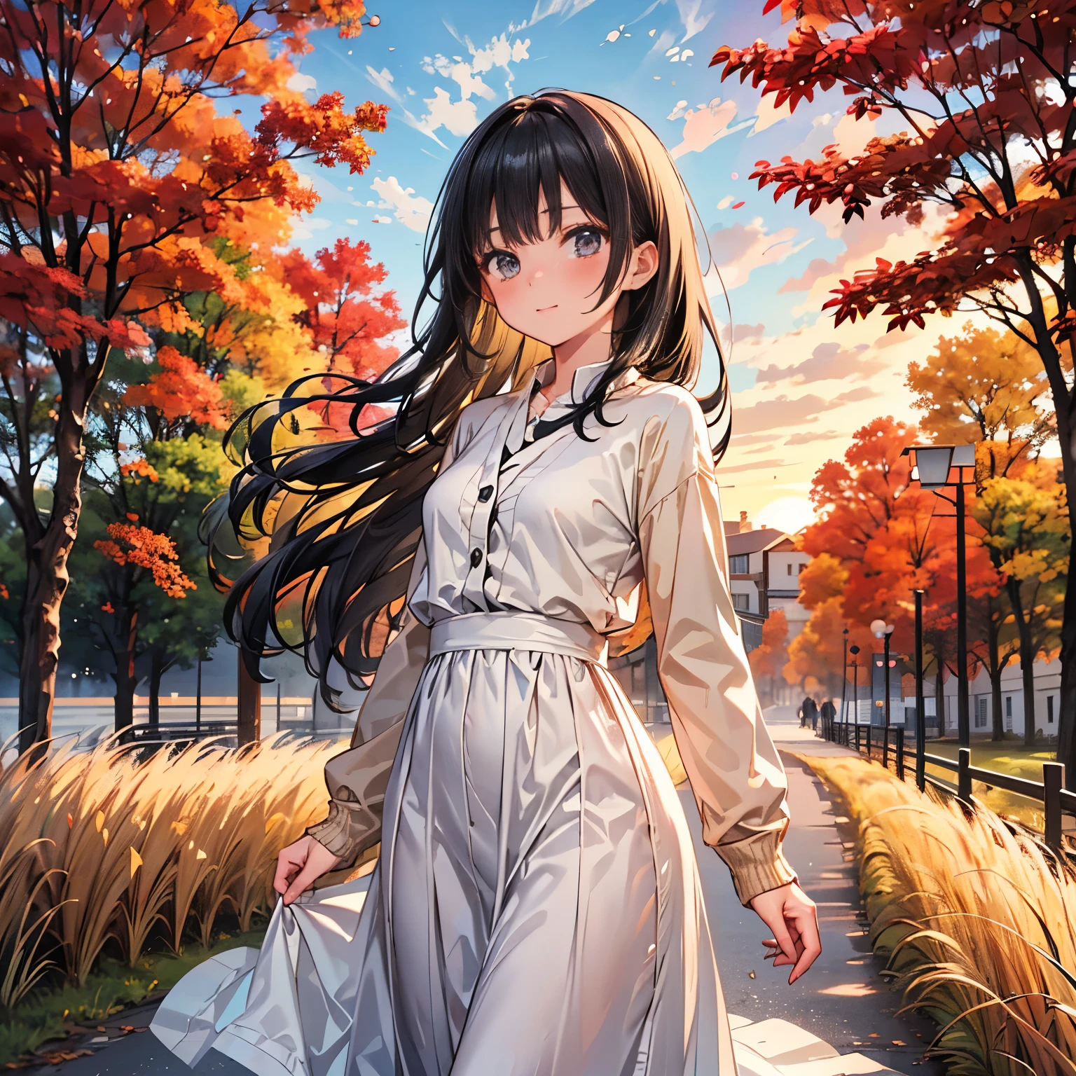 masterpiece, Best Quality,Super detailed,Hyper Detail, Cinematic Light,　A woman with long black hair, 160cm tall　Weight 45kg　Small breasts　Illuminated by the setting sun、A road lined with golden silver grass swaying in the autumn breeze　White dress　Beige cardigan　はにかむ顔