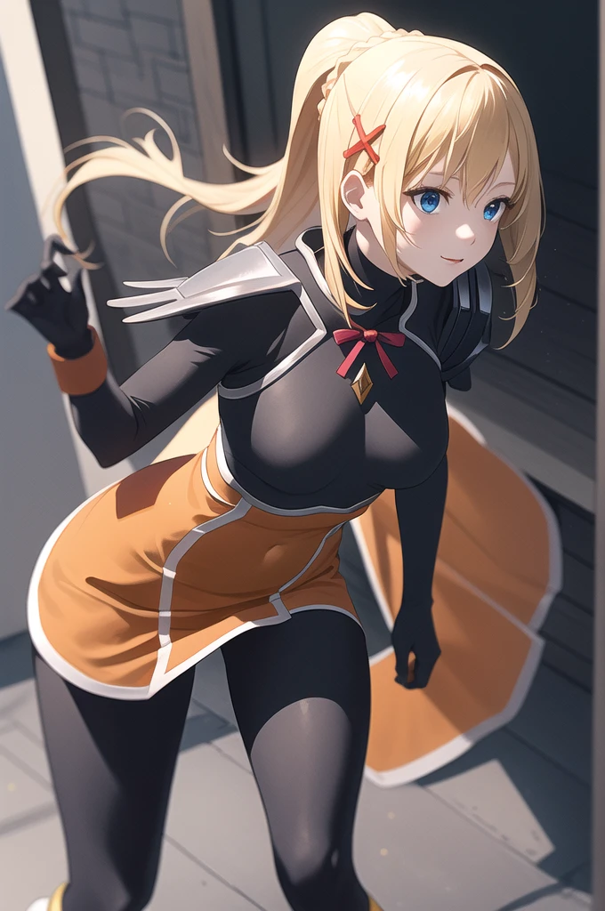 lalatina、blonde hair, ponytail, x hair ornament, blue eyes、armor, pauldrons, breastplate, bracers, faulds, orange battle、skirt, pelvic curtain, armored boots、bodysuit, black bodysuit, orange battleskirt、Read Description!