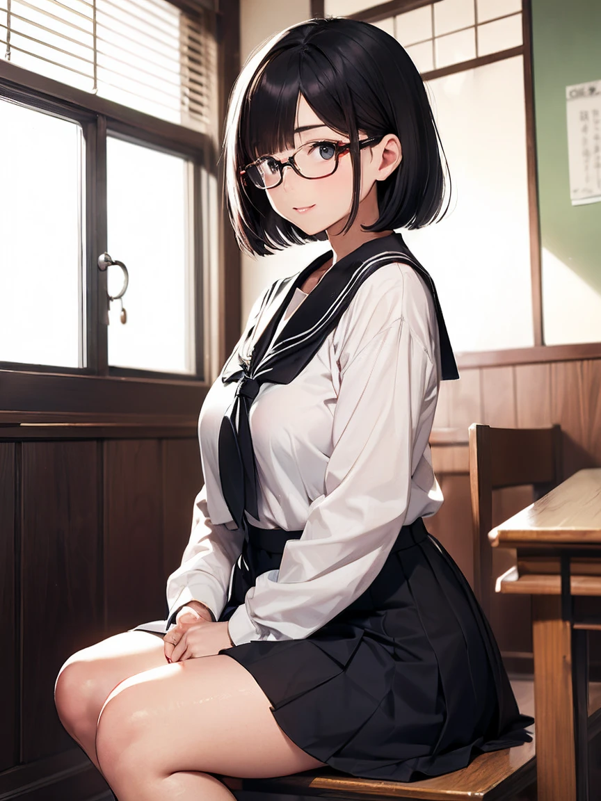 masterpiece、???????????? behavior、bob hair、Perm hair、colorful hair、one eye closed、The only clothes I wear are sleeveless long sweaters.(Exposed shoulders)、sparkling eyes、Wear glasses、Secretly during class、In the classroom、sit in a chair