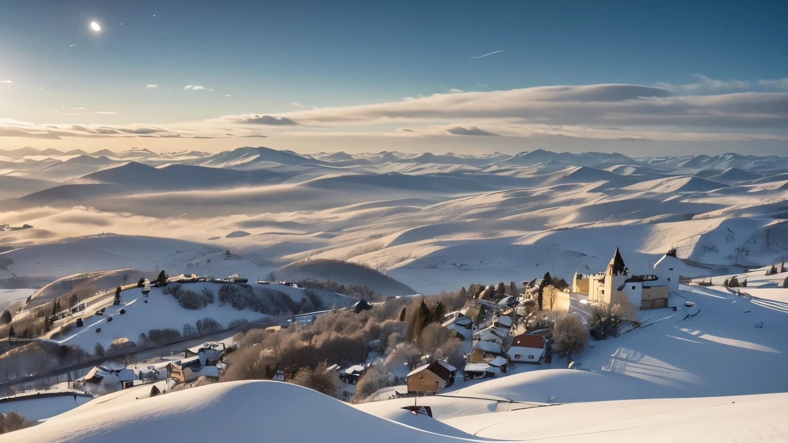 aerial view, through a gap between the clouds you can observe a landscape of hills, small villages and fields, winter landscape , night