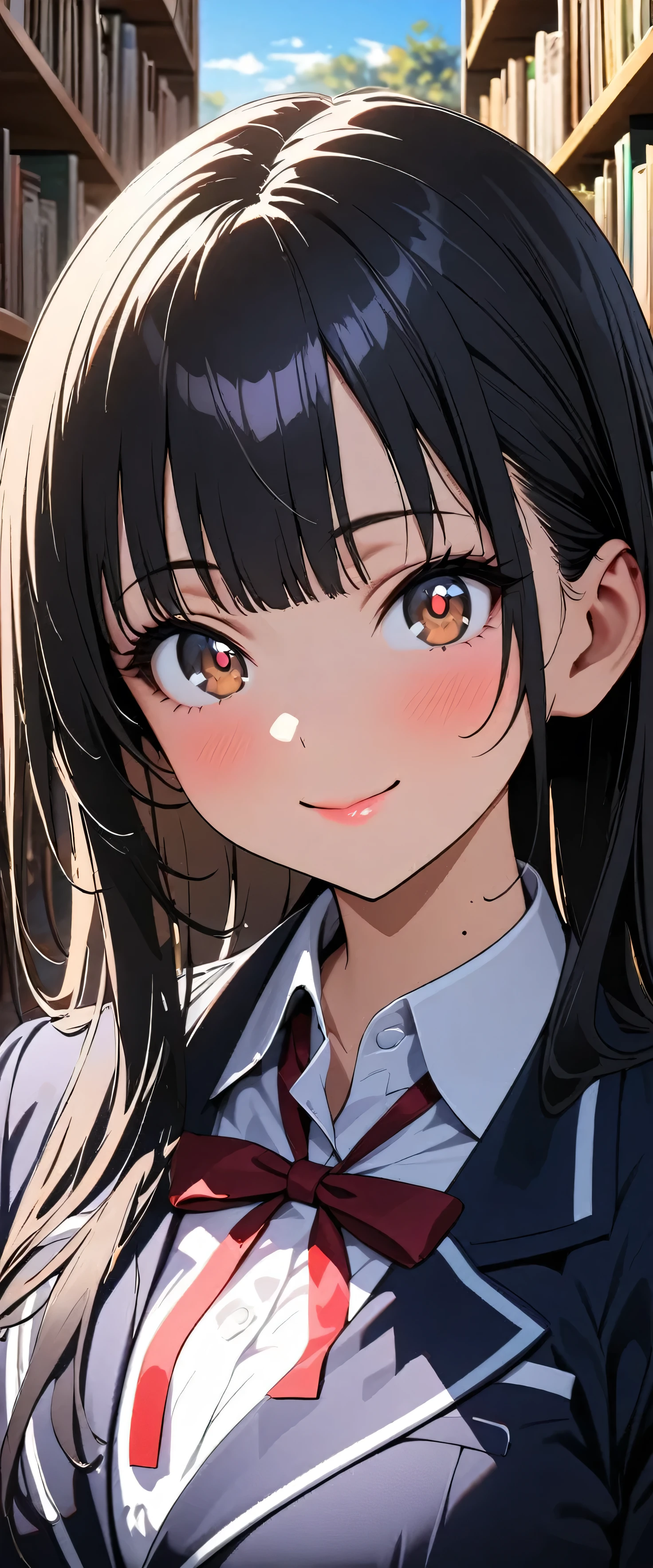 (beautiful girl: 1.3),One girl,masterpiece,Please redeem,Ultra-high resolution,Rich contrast,Very high quality,8k,Highly detailed CG unit wallpaper,Texture,So ridiculous,RAW Photos,Please redeem anime,Depth of written boundary 1.2,ultra-detailed eyes,Glowing Skin,Glitter Effect,Beautiful glossy lips,Yamada Anna,dark blue hair,brown eyes,long hair,sidelocks,mole on neck,school uniform,blazer,collared shirt,skirt,School,library,blue sky,smile, closed mouth,Looking up,Giggle