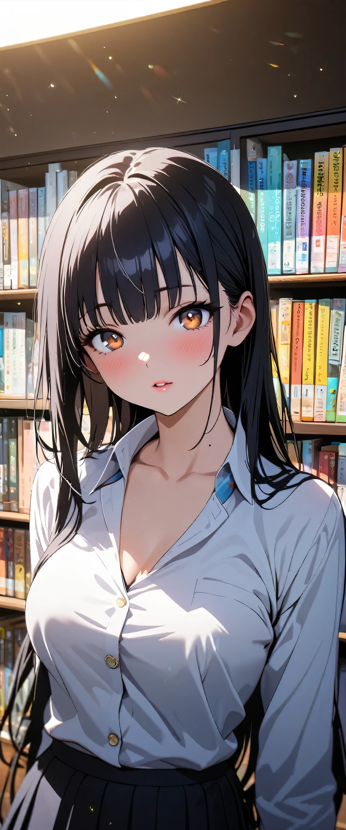 (beautiful girl: 1.3),One girl,masterpiece,Please redeem,Ultra-high resolution,Rich contrast,Very high quality,8k,Highly detailed CG unit wallpaper,Texture,So ridiculous,RAW Photos,Please redeem anime,Depth of written boundary 1.2,ultra-detailed eyes,Glowing Skin,Glitter Effect,Beautiful glossy lips,Yamada Anna,dark blue hair,brown eyes,long hair,sidelocks,mole on neck,school uniform,blazer,collared shirt,skirt,School,library,blue sky