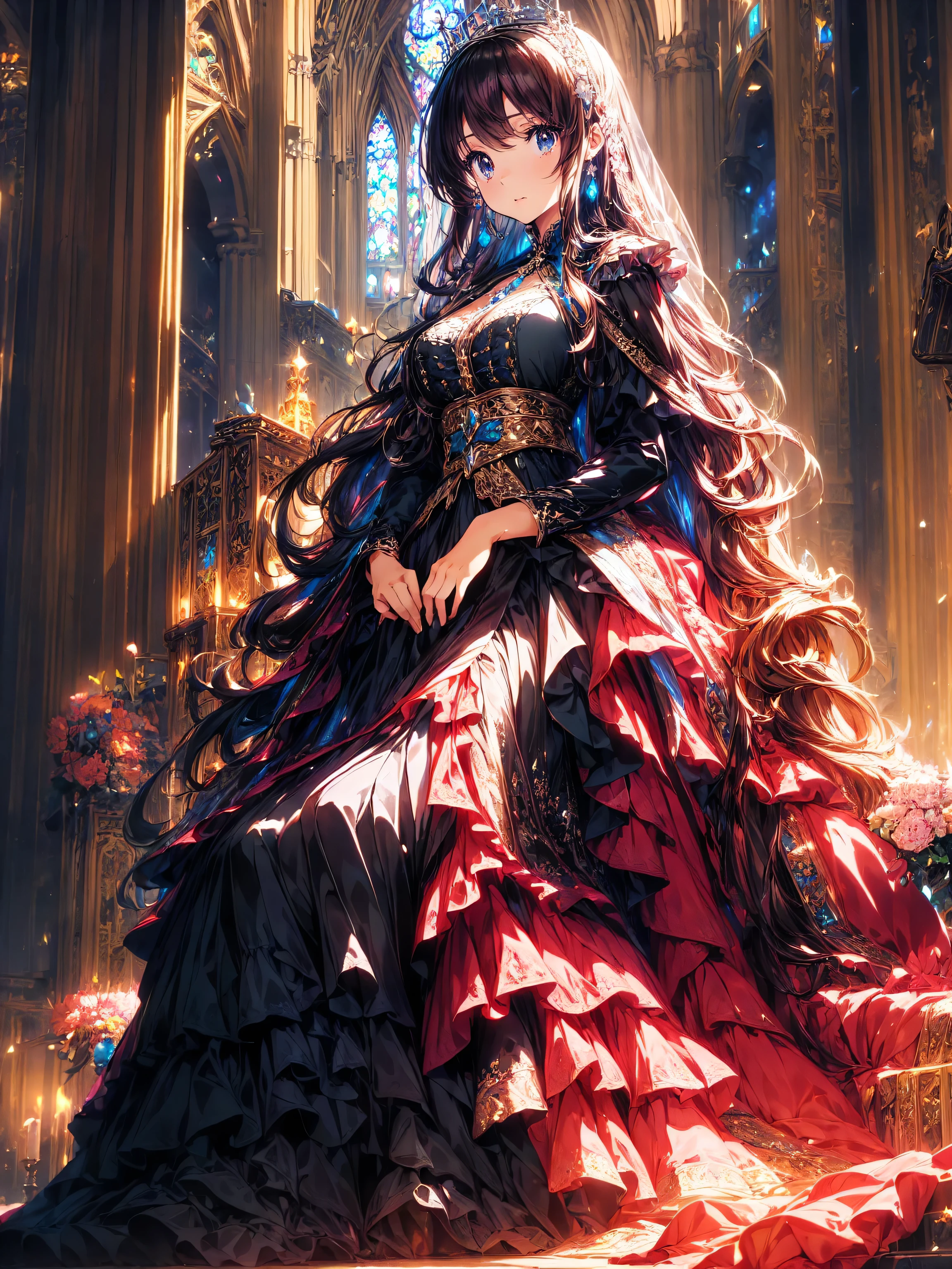 ((Ultra HD)), ((Super detailed)), ((Best Quality)), (((Princess with a young face))), Vibrantly colored Rococo Victorian gown, Beautiful lace, precious jewels and intricate embroidery, A voluminous, princess-style long skirt, A luxurious dress with super multi-layered frills, sequins and rosettes., mamianqun, Extremely complex and difficult to understand structure, Huge breasts, (((Complete Hand))), ((In the majestic cathedral)), 