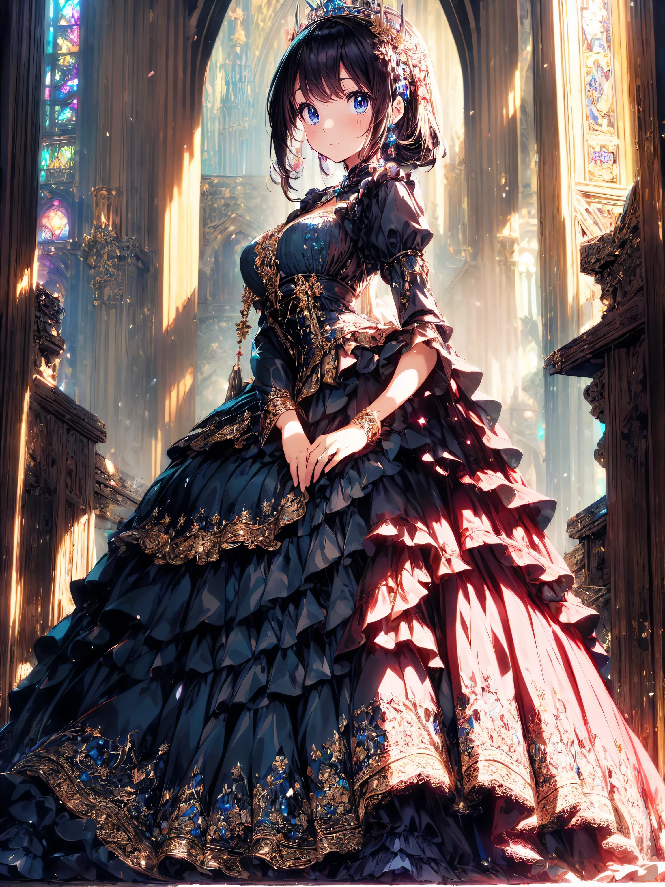 ((Ultra HD)), ((Super detailed)), ((Best Quality)), (((Princess with a young face))), Vibrantly colored Rococo Victorian gown, Beautiful lace, precious jewels and intricate embroidery, A voluminous, princess-style long skirt, A luxurious dress with super multi-layered frills, sequins and rosettes., mamianqun, Extremely complex and difficult to understand structure, Huge breasts, (((Complete Hand))), ((In the majestic cathedral)), 