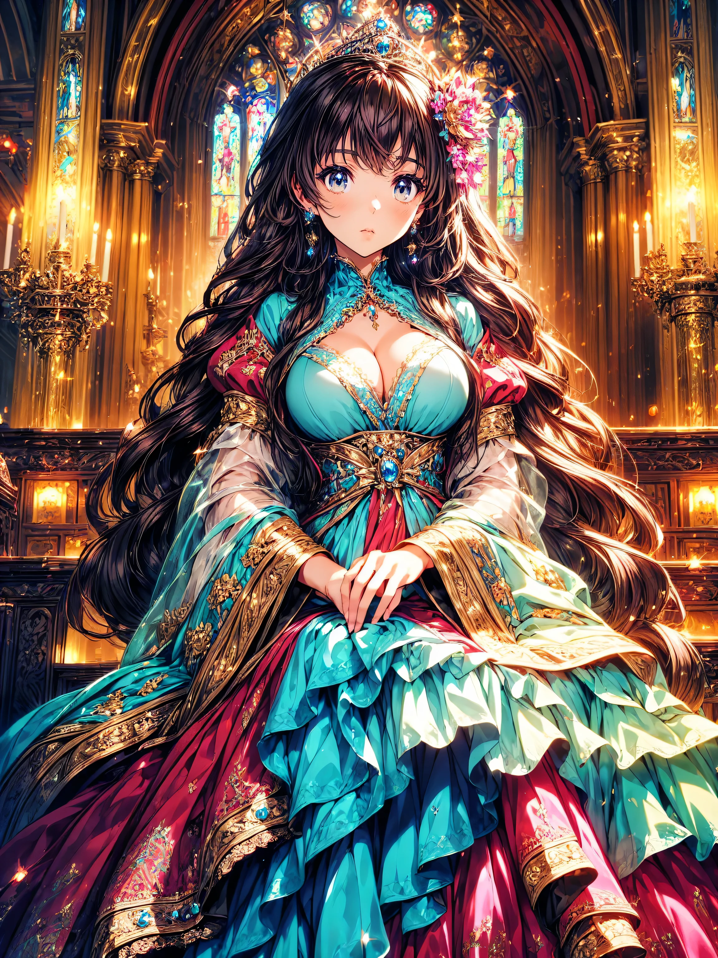 ((Ultra HD)), ((Super detailed)), ((Best Quality)), (((Princess with a young face))), Vibrantly colored Rococo Victorian gown, Beautiful lace, precious jewels and intricate embroidery, A voluminous, princess-style long skirt, A luxurious dress with super multi-layered frills, sequins and rosettes., mamianqun, Extremely complex and difficult to understand structure, Huge breasts, (((Complete Hand))), ((In the majestic cathedral)), 