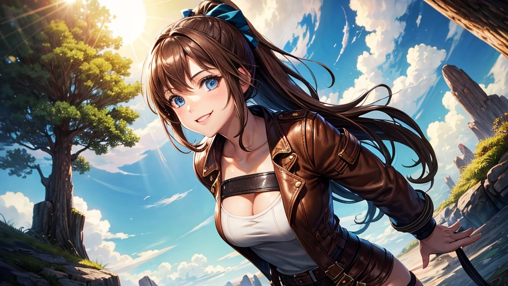 1girl, solo, full body, summer, village, trees, sun, clouds, ((colorful hair)), ponytail, huge breasts, ((brown leather jacket)), brown leather shorts, ((blue ochre)), cleavage 1:3, blue eyes, skirt, smile, looking at the viewer, standing, hair ribbon, golden necklate