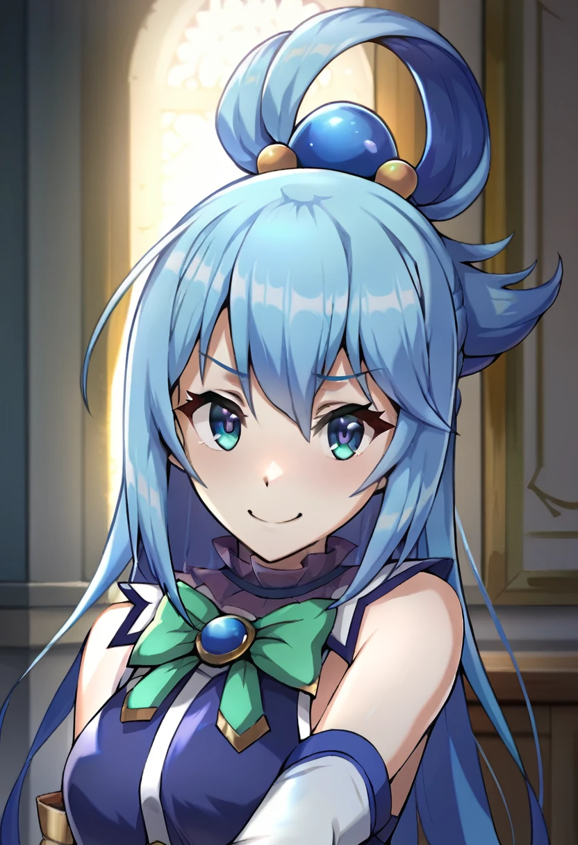 aqua /(konosuba/), long hair, blue eyes, hair ornament, very long hair, blue hair, hair rings, single hair ring
blue skirt, blue shirt, thighhighs, bare shoulders, detached sleeves, white thighhighs, green bow,blue boots