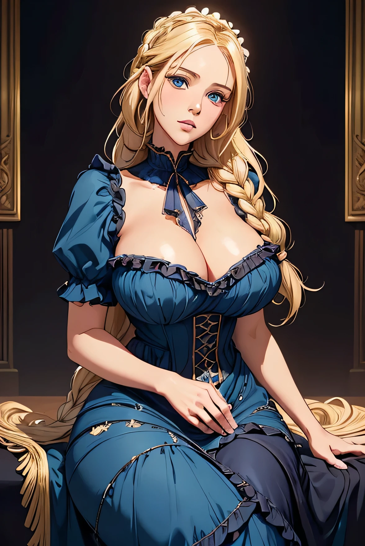 Beautiful Farmer with Braids. ((Blonde woman, mature adult woman, mature milf face, Long hair)), Perfectly round face. , big lips, beautiful and voluptuous, enchanting beauty, ((gentle expression on his face)), ((Beautiful big, Detailed blue eyes)), thin waist, long legs ((Dark blue dress with ruffles, mature adult woman, adult milf face, modest dress, very high neckline)) (Highly detailed)),official art, Award-winning digital painting, digital illustration, extreme details, 4K, Ultra HD, rococo, polished, intricate, Realistic fantasy art, sharp focus, Conceptual Art, arte por wlop, germ of art, (2D vector illustration) light, airy, hourglass body. ellie bamber
