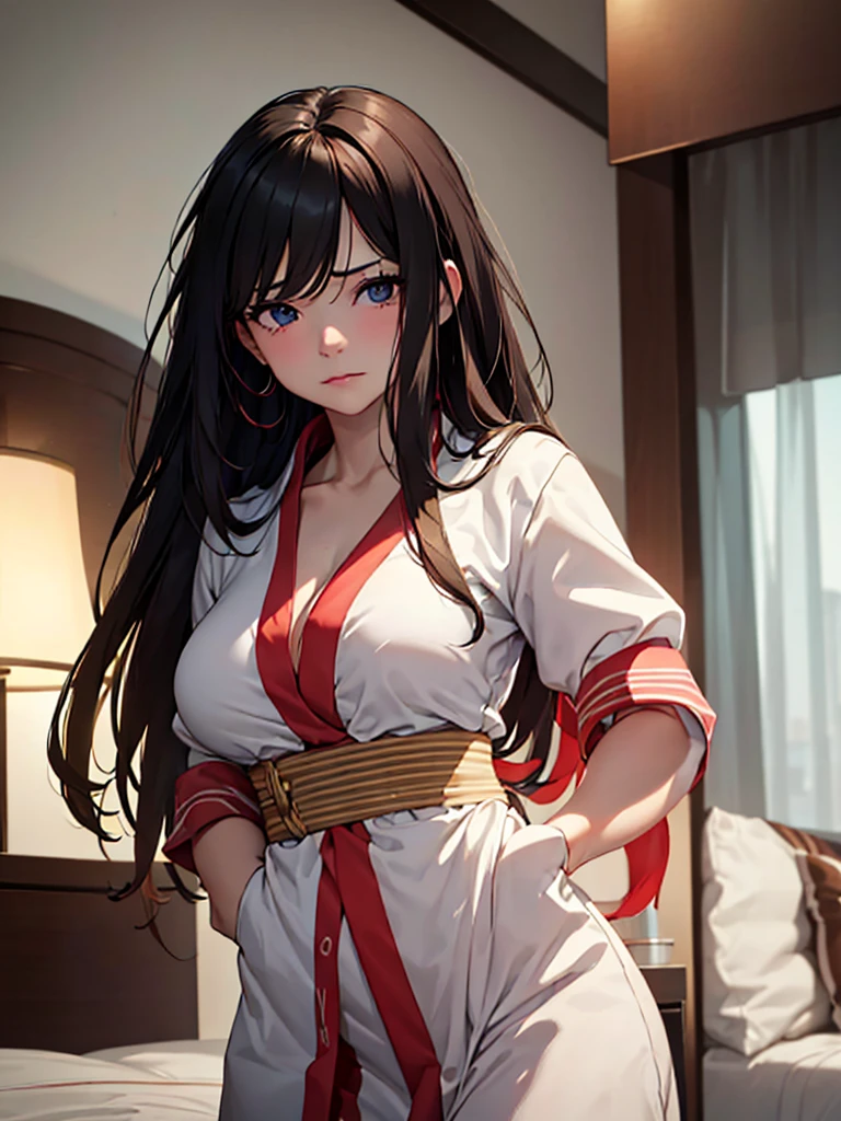 (masterpiece、top-quality、hight resolution、Unity 8k、extremely details CG:1,Best Picture), red ribbon, hotel room, on the bed, "A playful woman with a teasing smirk, her eyes full of mischief, as she mocks someone for using her as 'Masturbation material.' Her body language is confident, with a slightly raised eyebrow.", "A seductive woman posing provocatively, fully aware that this photoshoot will be used as 'Masturbation material.' Her expression is one of playful acceptance, with a hint of a knowing smile." Nakoruru (Samurai Shodown)