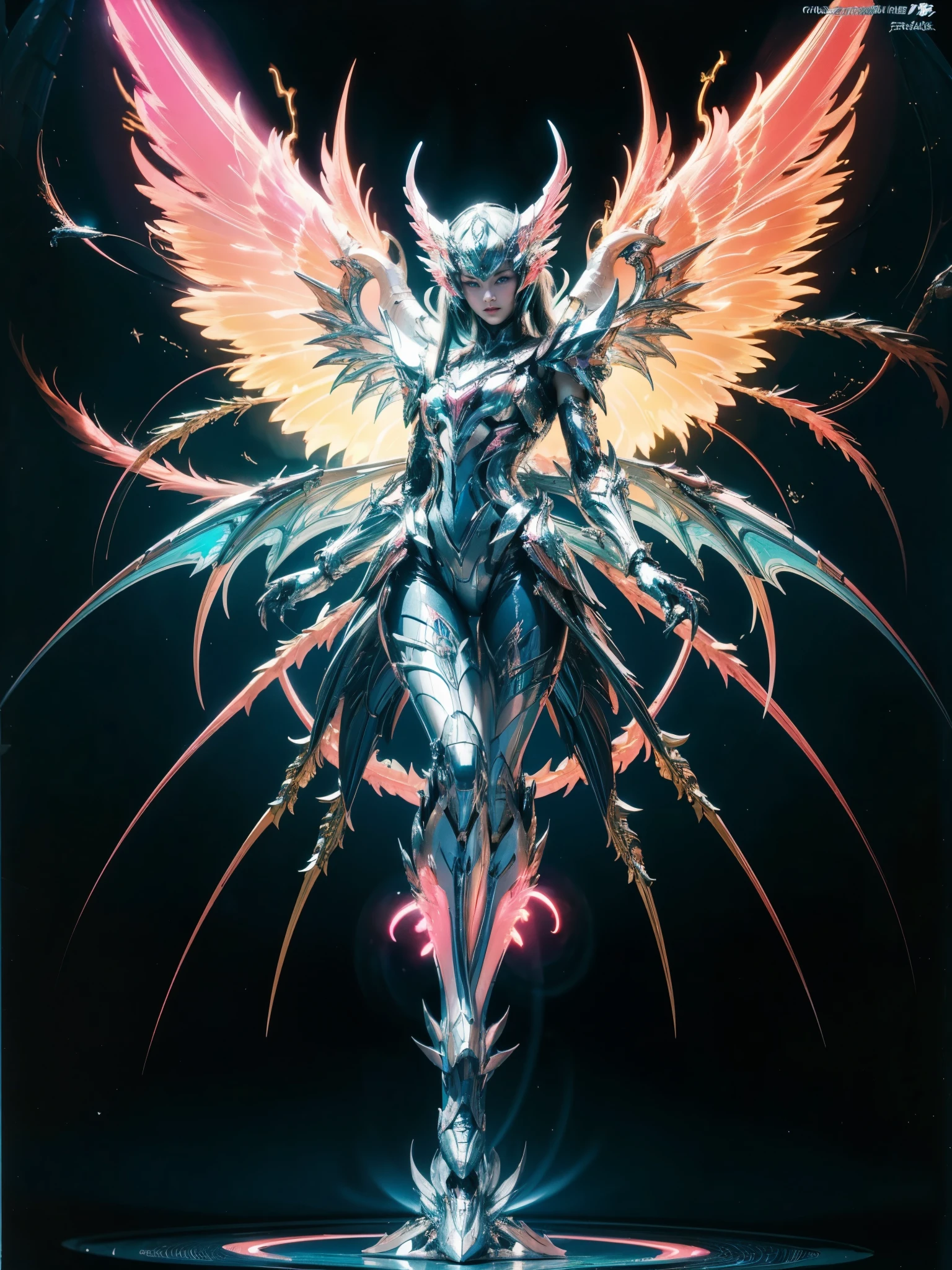 1girl, Armor, Wings, beautiful dragon, futuristic evolved Nekomata, (Neon glowing body), 2 tails, holographic, (The wings are symmetrically paired;1.5), Long shot,

