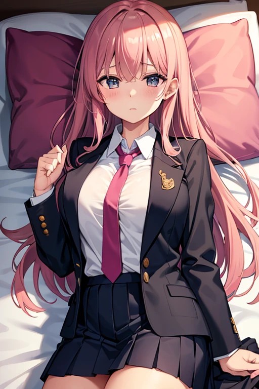 （（super high quality,Ultra-high resolution,16K,super masterpiece,Ultra HD,Ultra high definition,））One high school girl,White bunny ears,Very long straight purple hair,Slender body,Black blazer,An open white dress shirt,A long, untied red tie,Pink mini skirt,White socks,blush,Looking at me with an ecstatic expression,（（Lying down:1.5,Open your legs,Touching the crotch with hands:1.8,））Sweaty,Overflowing love juice,Dimly lit Japanese-style room,Pink futon,Angle looking up from below,